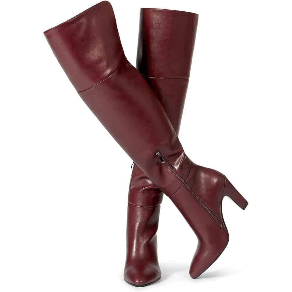 Women's Burgundy High Thigh Over the Knee Chunky, Side Zipper Calf Design Boot